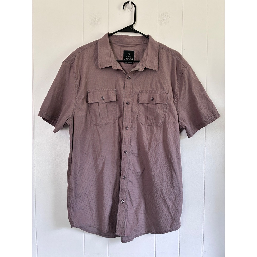Prana Mens XL Short Sleeve Button Down Shirt Mauve Pink Organic Cotton Blend